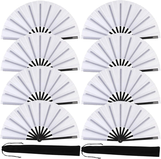 8 Pack Large Folding Hand Fans for Women/Men, Kungfu Taichi Rave Folding Fan with Bag, Large Popping Clacking Fans for Line Dancing, Concert, Party, Festival, Home Decorations(White)