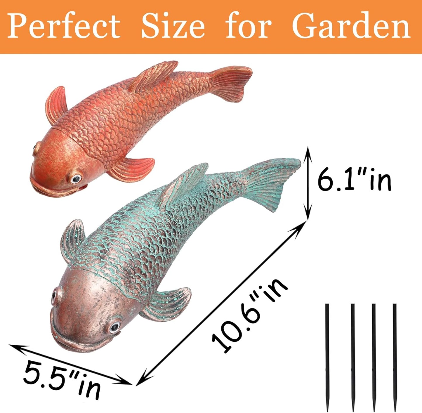 10.8" Resin Koi Pond Kit, 2Pcs Antique Koi Fish Garden Statues, Yard Pond Decor, Large Outdoor Statues Ornaments, Real Fish Sculpture Art, Garden for Outdoors