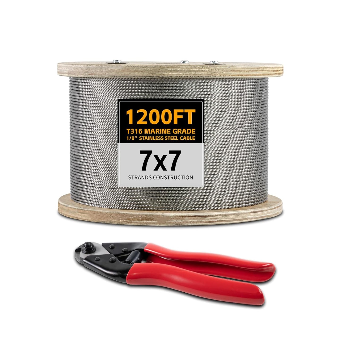 1/8 Stainless Steel Cable 1200FT Wire Rope with Cutter, T316 Marine Aircraft Cable 7x7 Strands,1800 lb Breaking Strength, Wire Cable for Deck Railing, Fence, DIY Balustrade