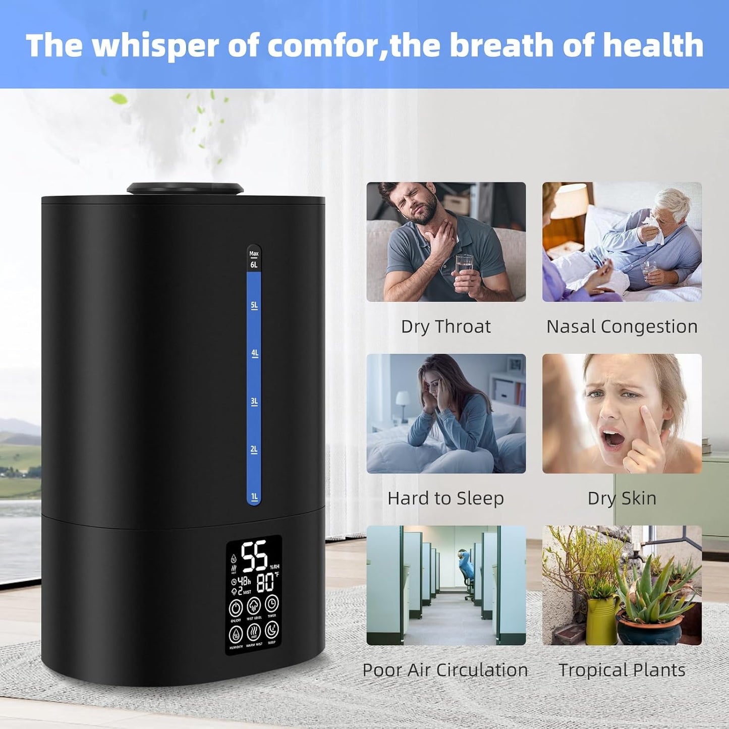 6L Humidifiers for Bedroom Large Room Home, Cool and Warm Humidifier for Plants Mist Top Fill Desk Humidifier Essential Oil Diffuser, Quiet Humidifiers with Adjustable Mist,360°Nozzle-Midnight Black