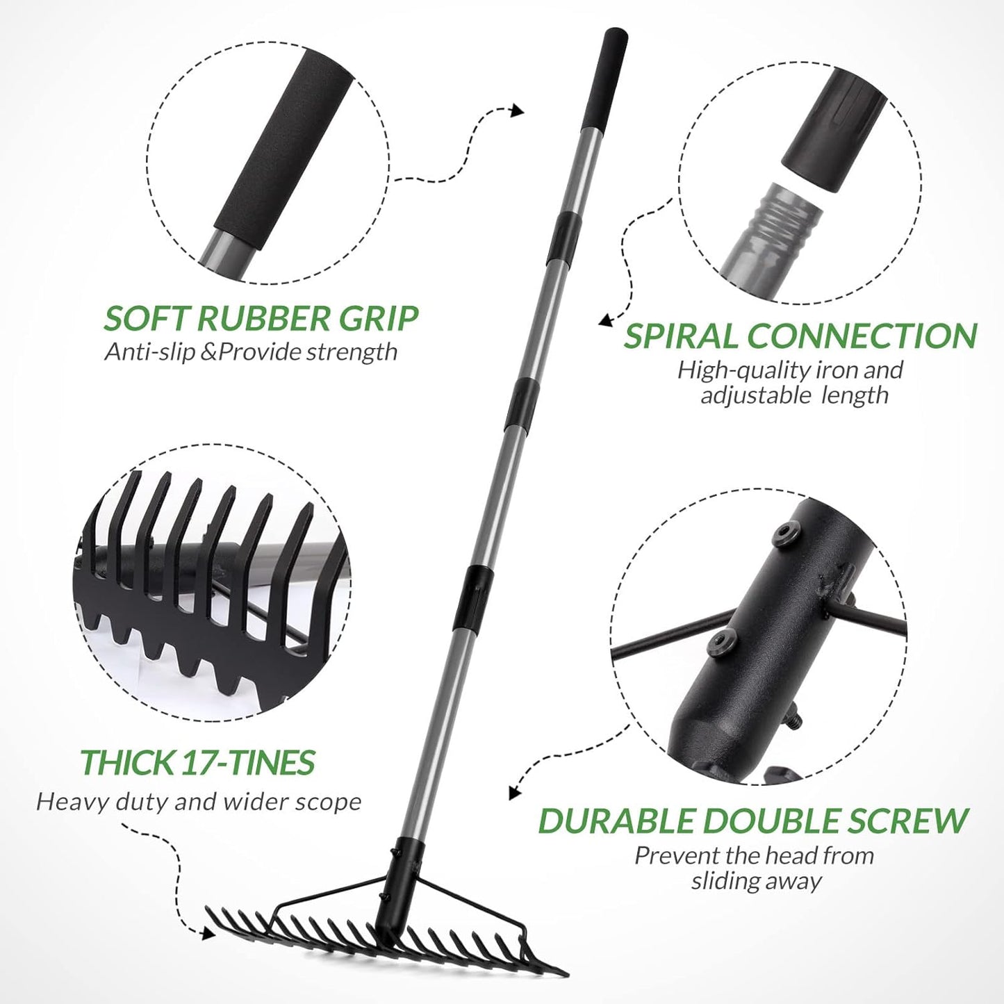 Walensee 5.4FT Bow Rake Heavy Duty Garden Rake with Stainless Steel Handle, 17 Steel Tines Garden Tool for Loosening Soil Gathering Leaf Leveling Lawn Farming Land Management Yarn Thatch Rakes