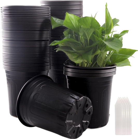 100 Pack 1 Gallon Flexible Plant Nursery Pots Plastic Seedling Starting Pots with Drainage Holes Soft Flower Pots Plant Container with Plant Labels, Black