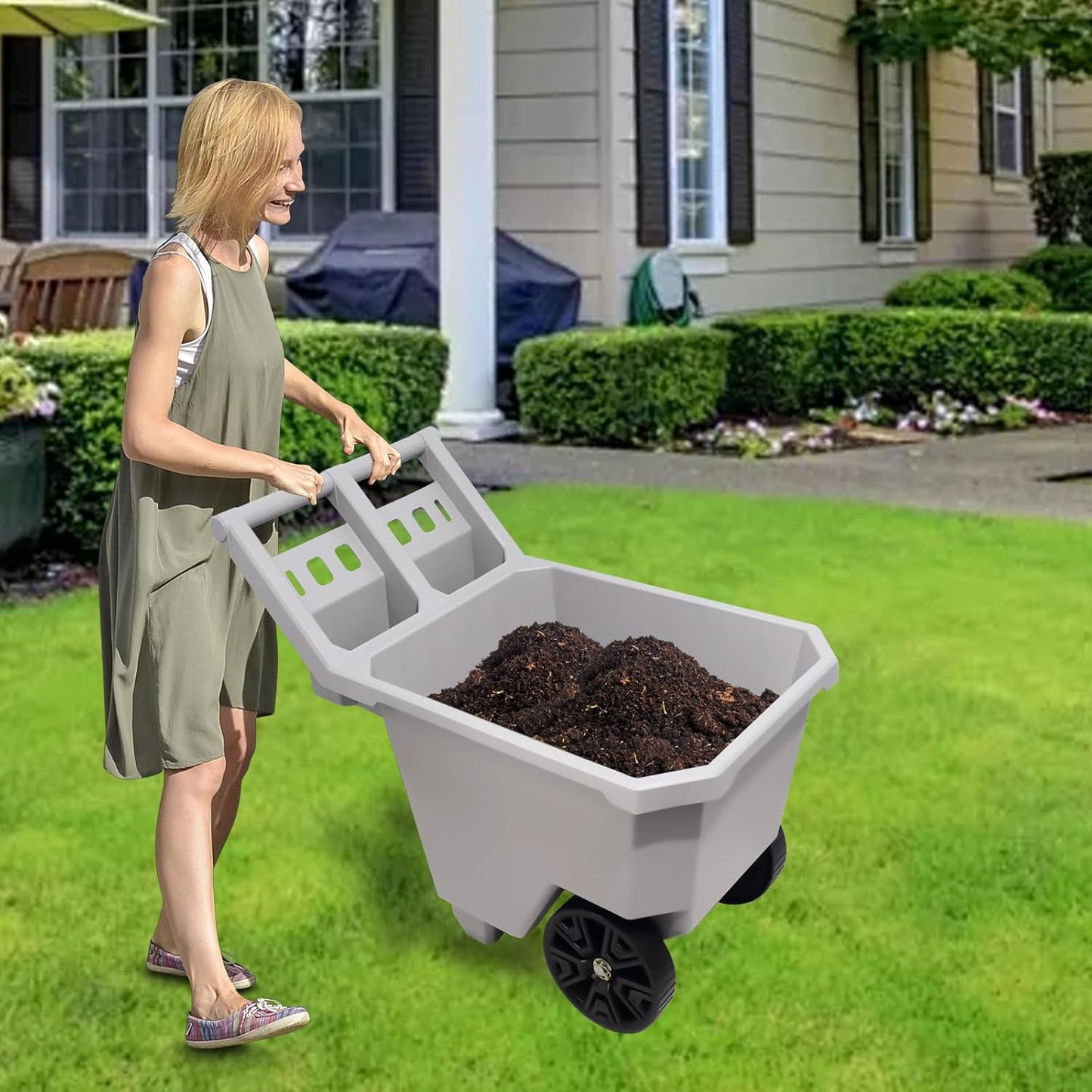 AAIN Wheel Barrel, 2 Wheel Wheelbarrow. 300 LB Yard Cart with 9 in Maintenance-Free Solid Wheels, Trash Cart with Wheels, Push/Pull Design, Grey