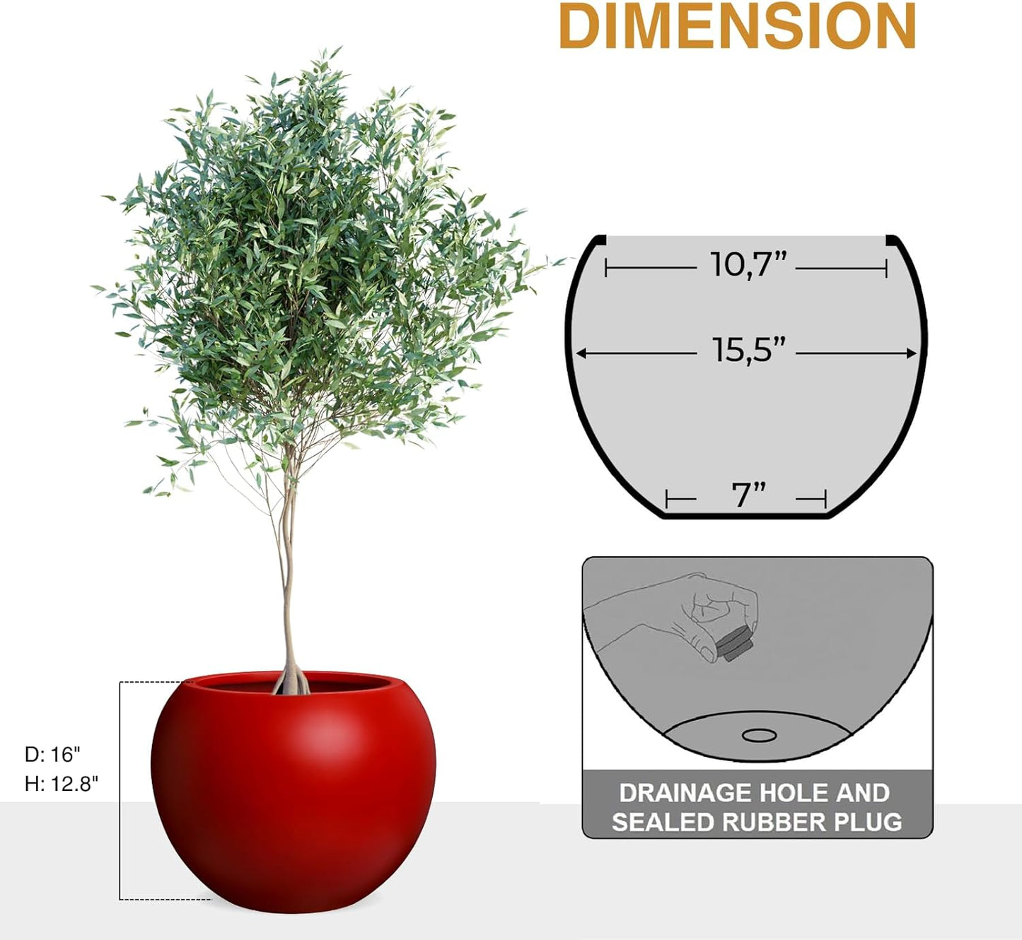 Globo Large Fiberstone Plant Pot, Large Planters for Indoor Plants, Outdoor Planters for Porch (Red, 16" D x 12.8" H)