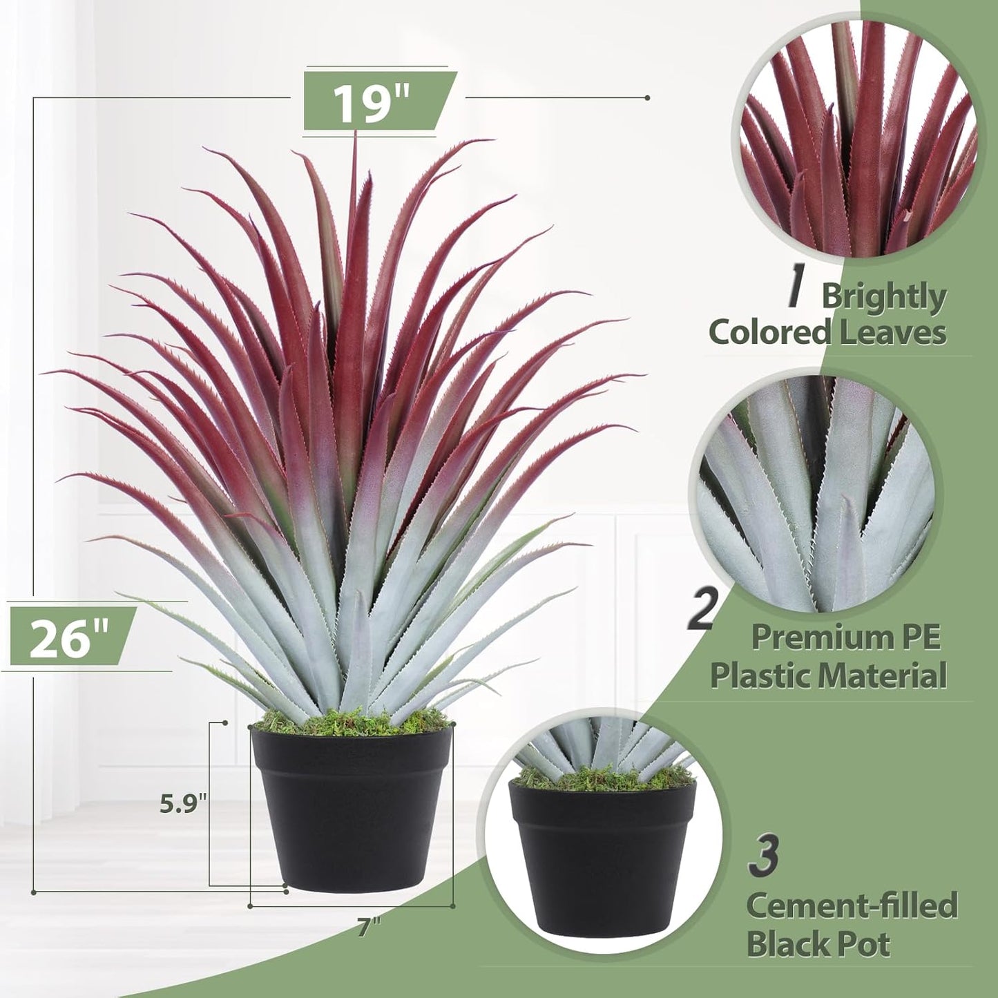 2ft Fake Spiked Agave Plant - Red Artificial Aloe Vera Plant 26 Inch - Tall Large Faux Floor Plants Perfect for Porch Door Step Home Office Patio Indoor Outdoor Decor (2 Pack)