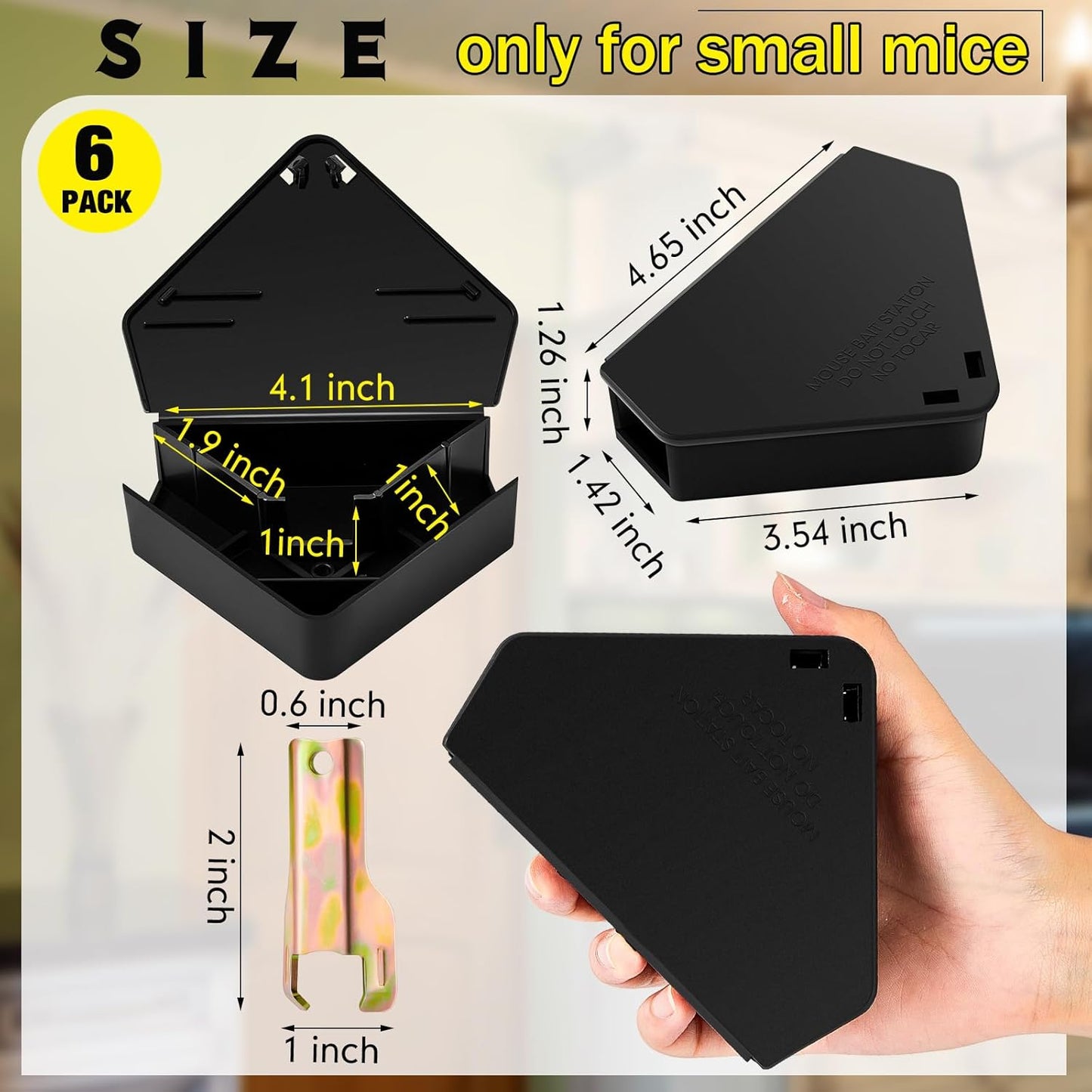 Qualirey 6 Pcs Mice Station with Key Triangle Bait Station Reusable Rodent Trap Bait Box, Keeps Children and Pets Safe Indoor & Outdoor, Bait Not Included, Suitable for Small Mice (Black)