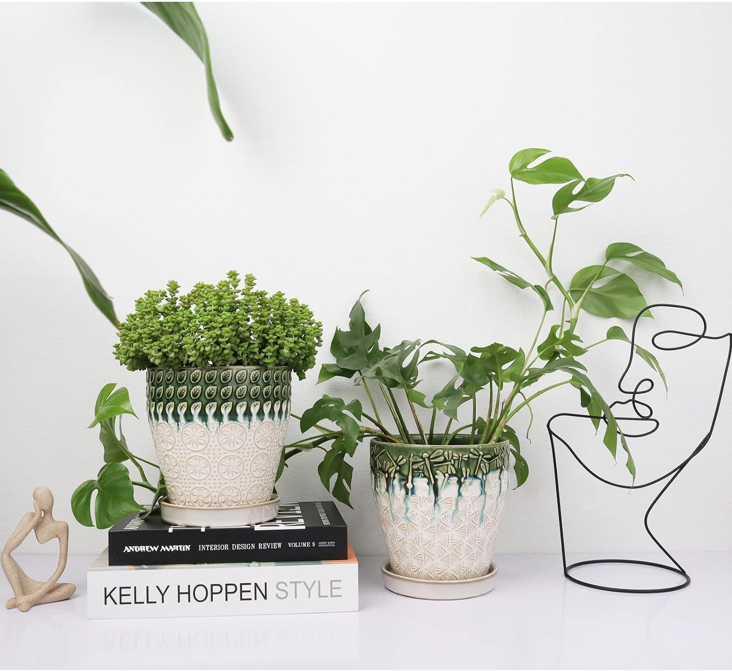 6 Inch Ceramic Planter Pots with Drainage Holes, Saucers and Mesh Pads for Indoor-Outdoor Plants, Succulent Orchid Flower Large Round Plant Pot, Set of 2 (Green+White)