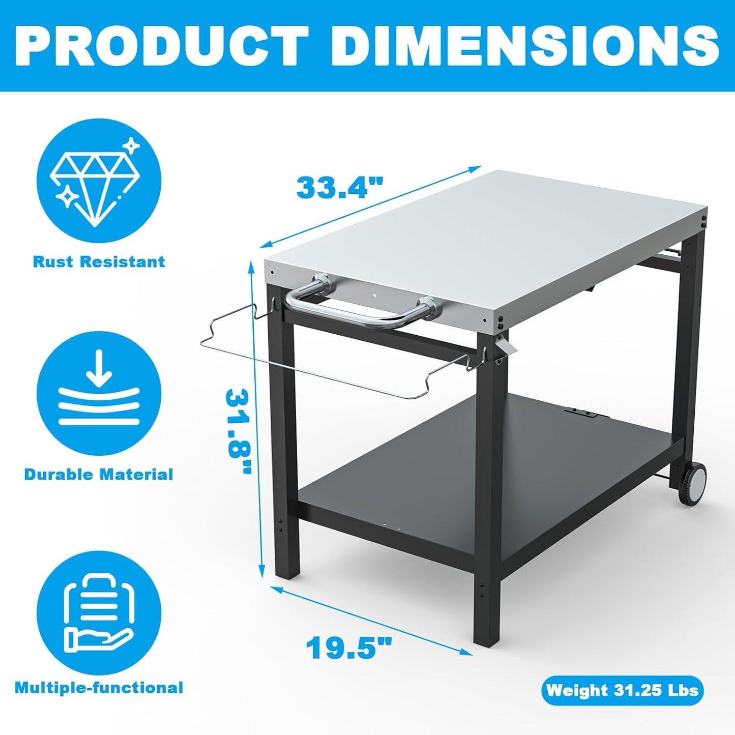 LS'BABQ Outdoor Grill Table Cart, Pizza Oven Stand, BBQ Prep Table with Trash Bag Holder Wheels & Hooks, Double-Shelf Movable Food Prep and Work Stand, Stainless Steel Flattop Grill Cart