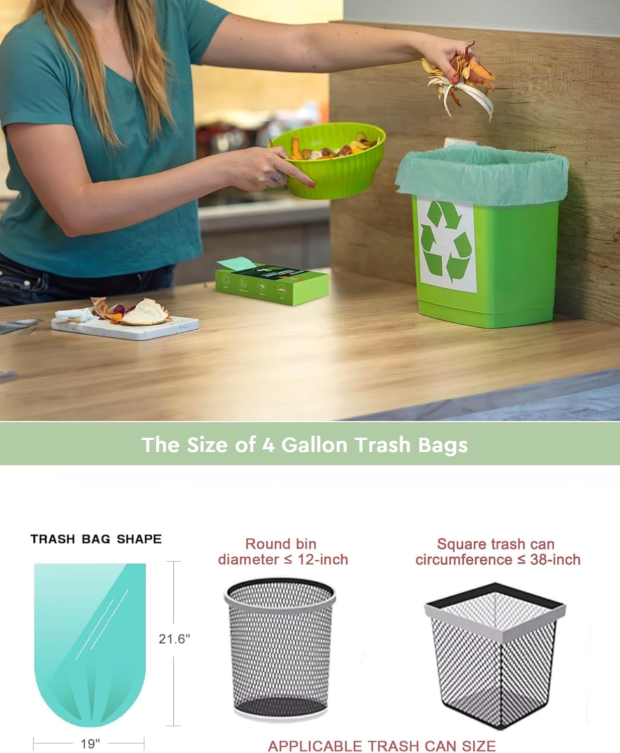 4-6 Gallon Small Trash Bags Compostable Trash Bags,AYOTEE 60 Count Ultra Strong Unscented Garbage Bag Mini TrashBags Waste Basket Liners for Bathroom, Kitchen,Bedroom, Office, Pet, Car(Green)