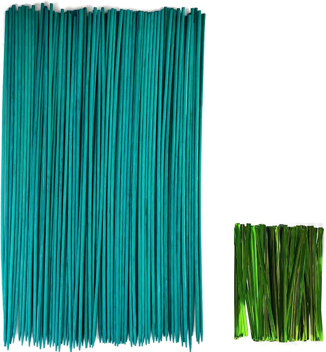 TIHOOD 100PCS 18" Wooden Garden Stakes with 100PCS 4" Garden Ties, Green Bamboo Sticks, Floral Plant Support, Tomato Stakes