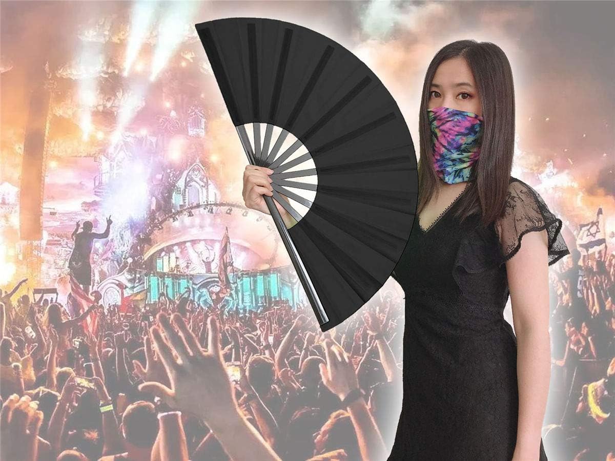 Zolee Large Rave Clack Fan for Line Dancing - Boots on The Ground Folding Hand Fan - Foldable Chinese Tai Chi Kung Fu Fan - for EDM, Music Festival, Hot Flashes, Event, Party, Dance (Black)