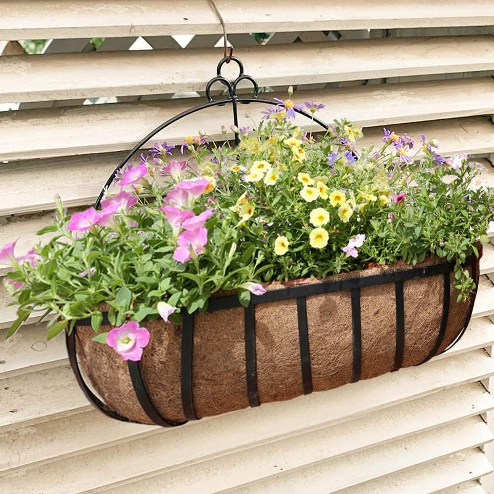 STONESTAR 2-Pack Coconut Liners for Planters 24 inch, Half-Moon Shape Window Box Liners Coconut Planter Liners Replacement, Trough Coco Liners for Planters Flower Baskets (24 inch)