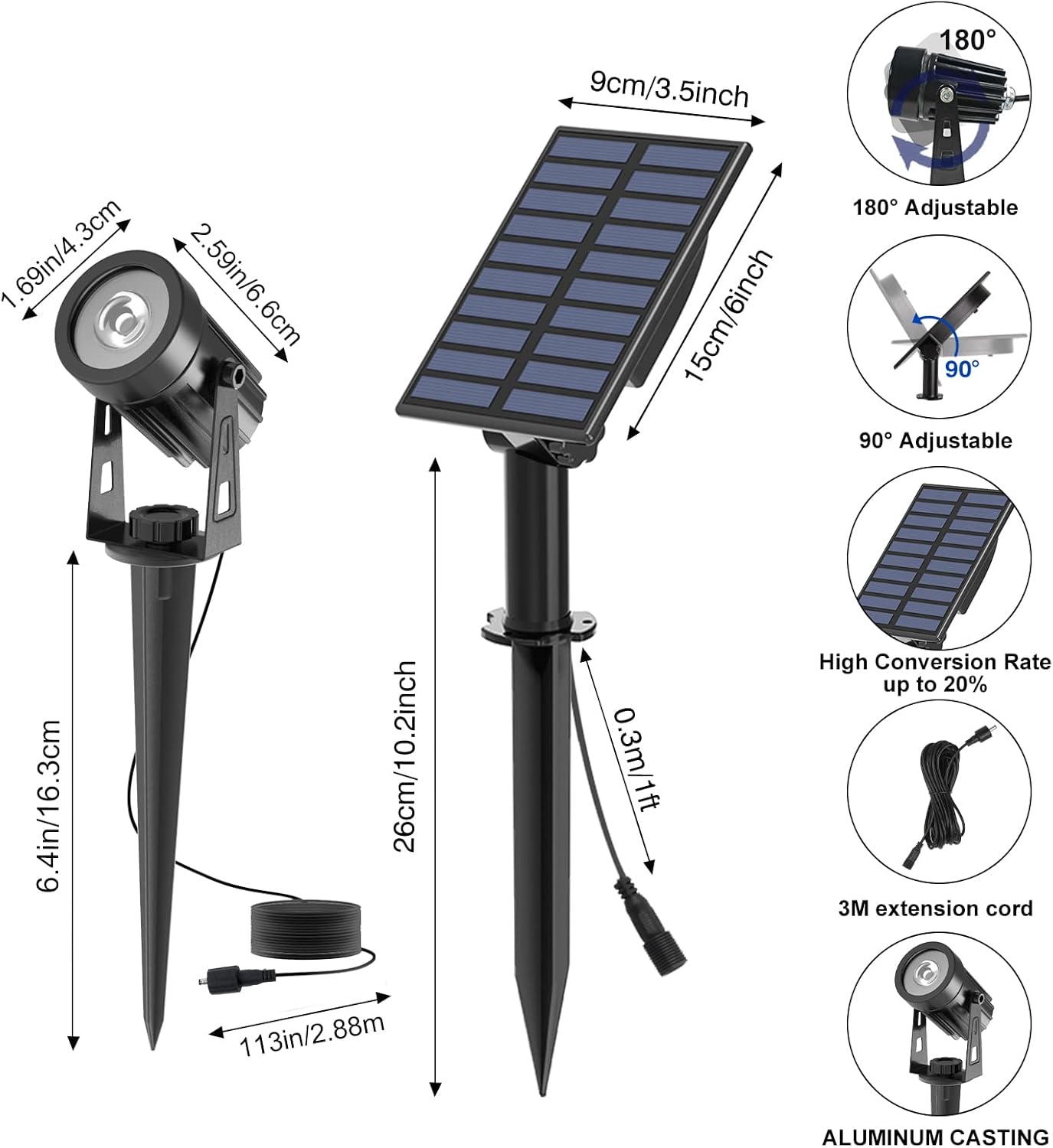 T-SUNUS Halloween Solar Landscape Spotlights, Garden Spot Light IP65 Waterproof 9.8ft Cable, 2000mAh Separated Panel, Auto On/Off for Christmas Tree Flag Driveway Pathway Pool Area Warm White 3000K