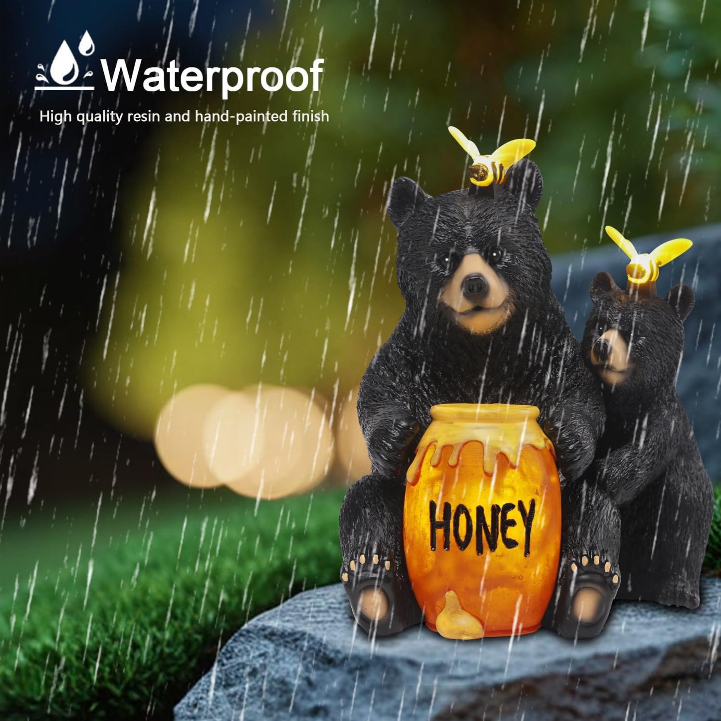 Solar Garden Decor Statues 7" Resin Mother&Cub Bear Figurines with Honey Jar Waterproof Black Bear Decor for Outside Yard Patio Porch Decoration Gift for Mom Grandma