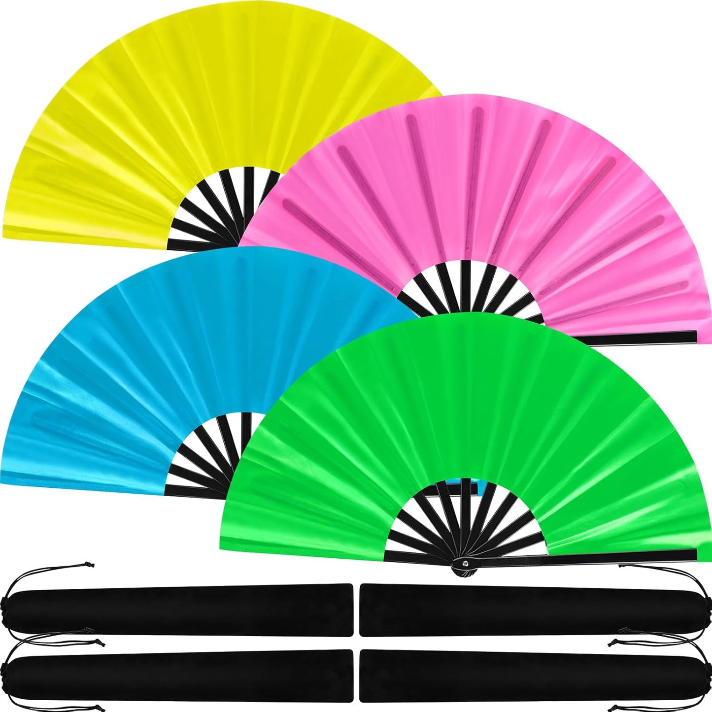 Blulu 4 Pcs 11 Inch Large Folding Hand Fans for Line Dancing Clapping Popping Rave Fans for Kids Women Men for Dancing Boots on The Ground Festival Party Decoration(Classic Style, Fluorescent Color)