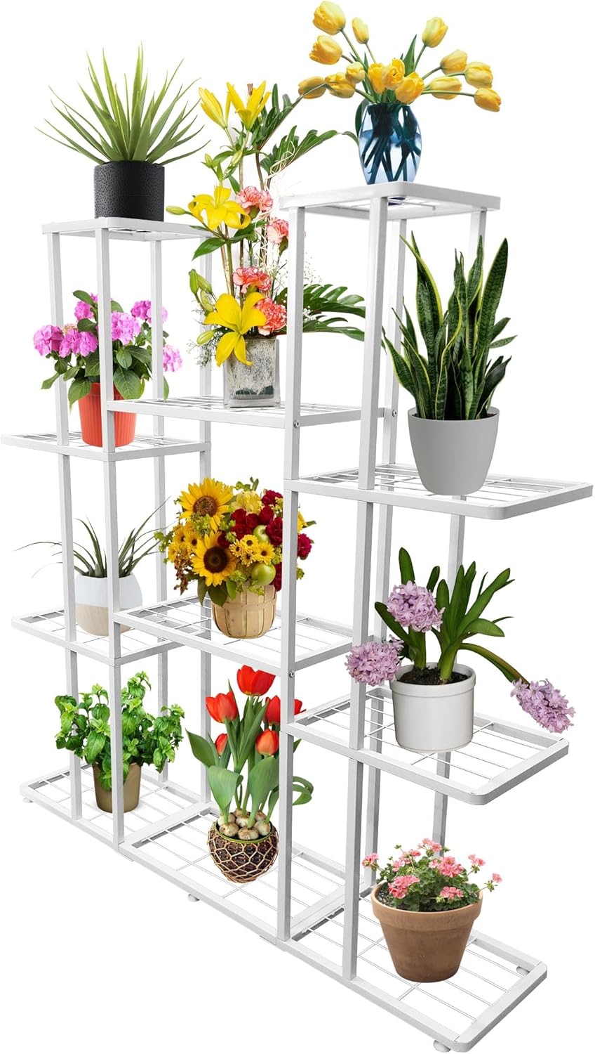 4 Tier 11 Potted Metal Large Plant Stand for Indoor Outdoor Flower Pot Display Planter Shelf, White