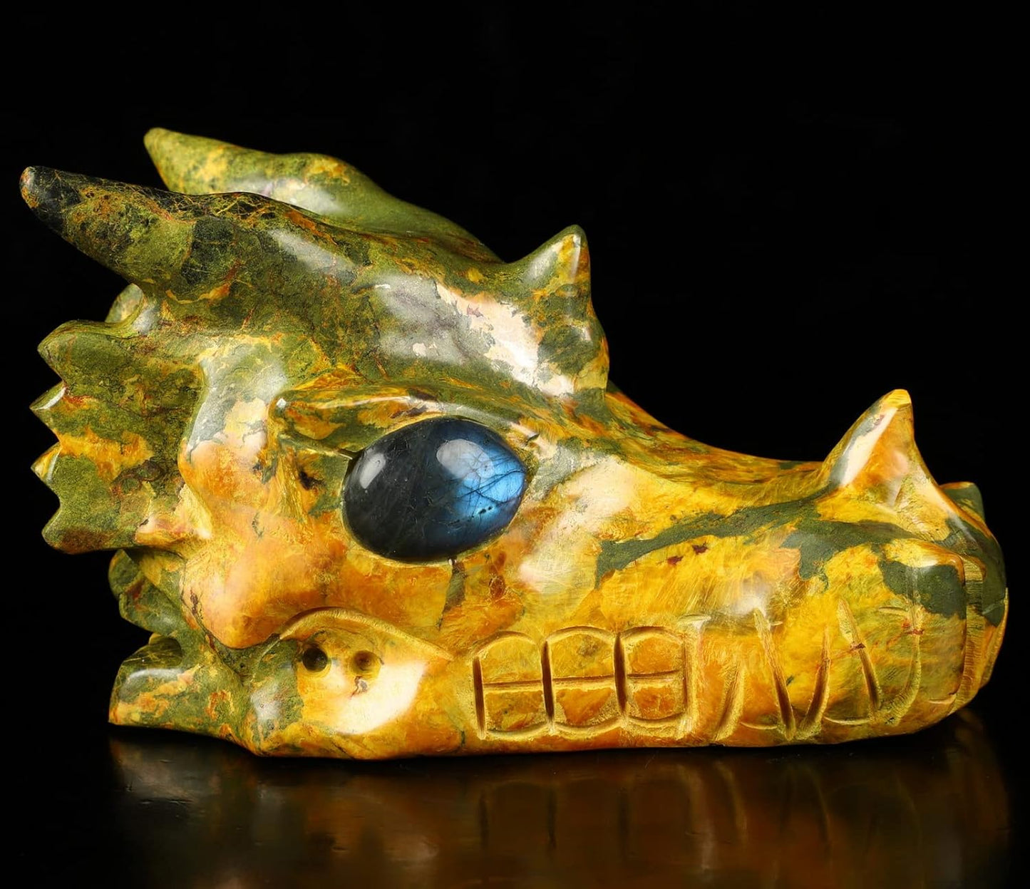 Skullis 5.1" Orpiment Crystal Dragon Skull with Labradorite Eyes, Hand Carved Gemstone Fine Art Sculpture, Reiki Healing Stone Statue.2136 Z8