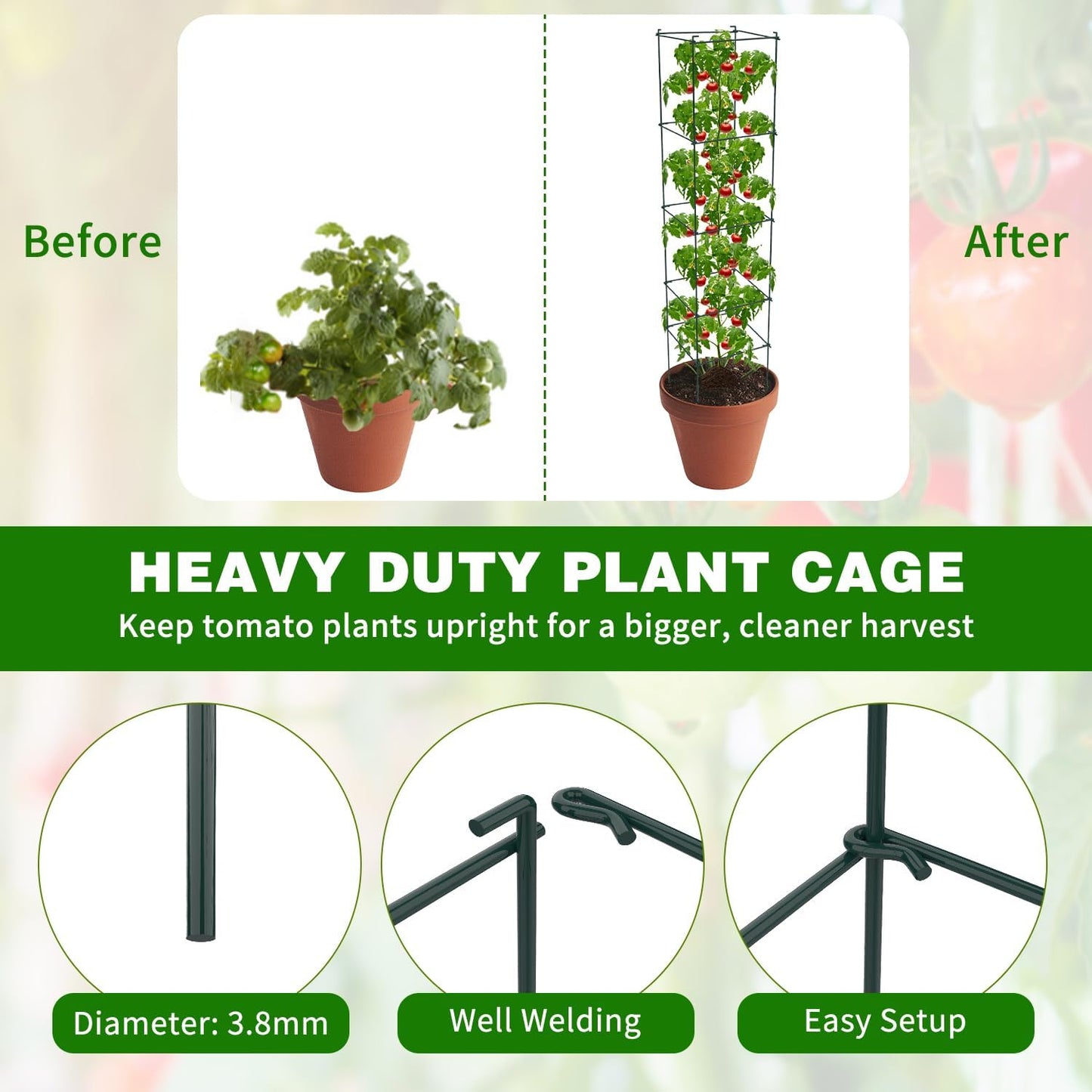 6 Packs Tomato Cages for Garden, 12"×12"×56" Plant Support Cage with Different Spacing, Green Metal Trellis for Climbing Plants Like Cucumber, Flowers