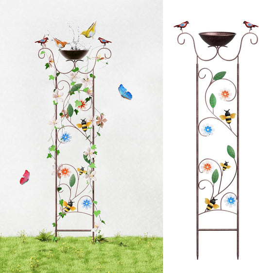 Bird Bath for Outside - Antique Iron Bird Bath with Trellis,Detachable Decorative Hummingbird Bowl,Metal Plant Support for Climbing Flowers,Elegant Outdoor Garden Feature (Honeybee)