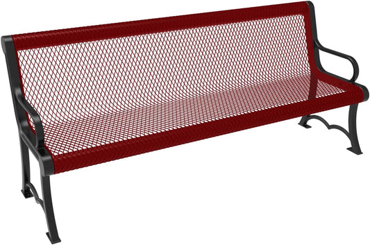Heavy-Duty Outdoor Bench Thermoplastic Coated, Expanded Metal, Commercial-Grade Garden Bench, Made in America (Portable with Back, 6 Ft, Textured Burgundy)