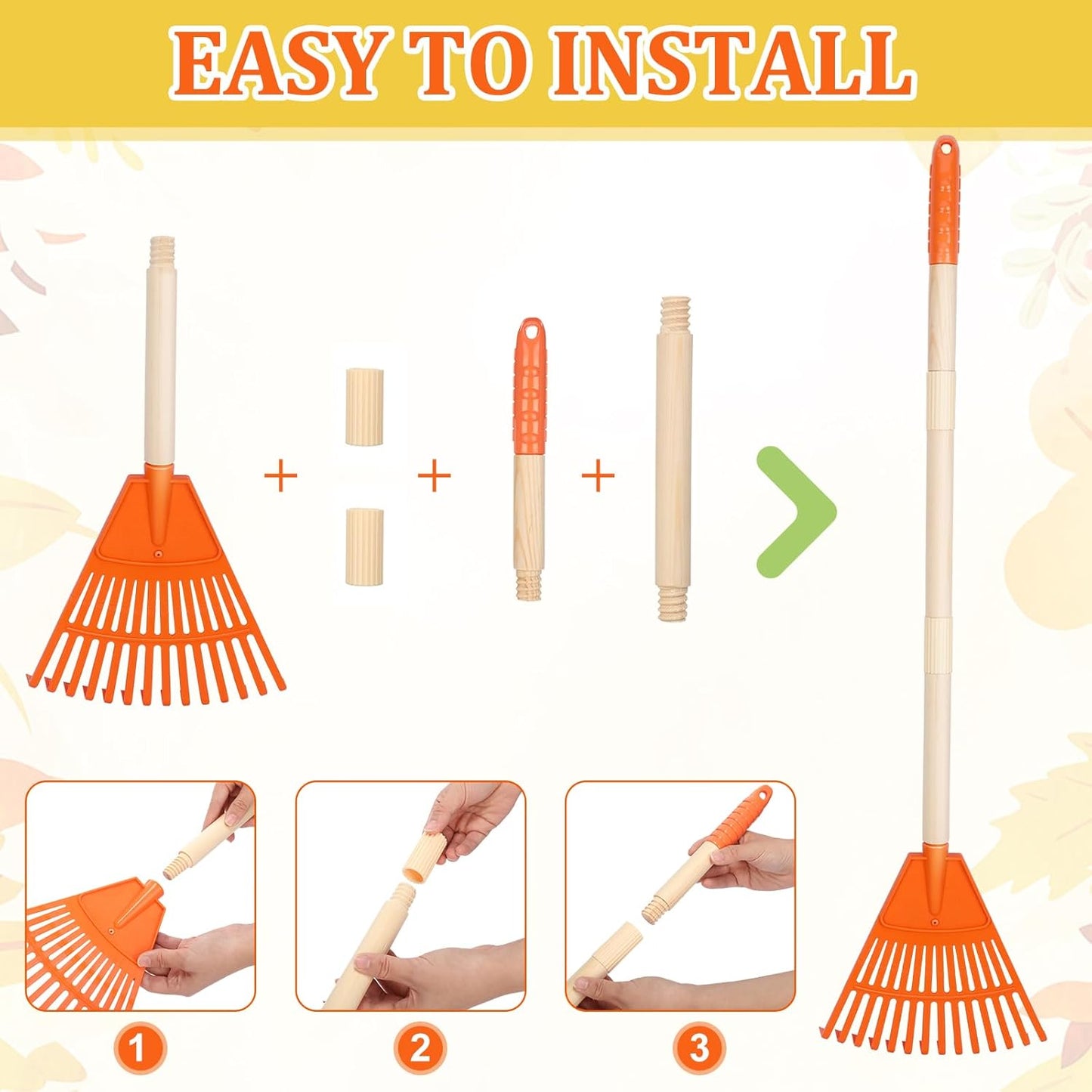 Therwen 8 Pcs Kids Rake 31" Child Size Plastic Lawn Rakes for Leaves Small Rake with Plastic Head and Wooden Handle Toddler Kid Gardening Tools for Leaves Gardening Camping(Orange)