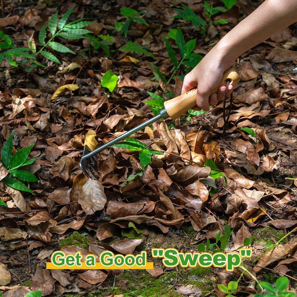 Berry&Bird Premium Hand Rake for Gardening, 5 Tines Hand Tiller Hand Cultivator Small Rake Garden Tool with Wood Handle, Ideal Garden Hand Tools for Digging, Aerating, Weeding and Loosening Soil