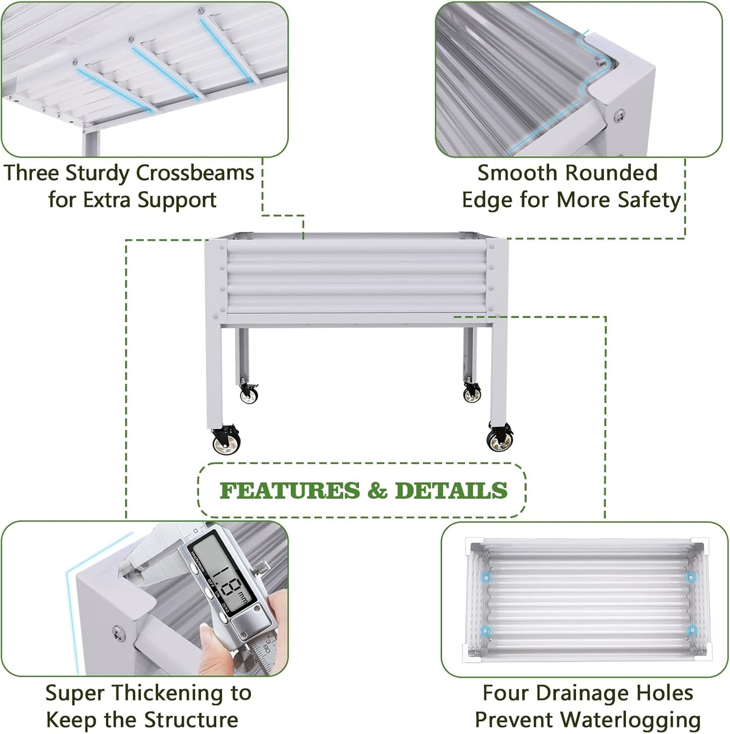 A ANLEOLIFE 6-Set Galvanized Raised Garden Bed with Legs,48x24x35in Large Elevated Planter Box on Wheels with Drainage Holes for Backyard, Balcony, Patio, 600lb Capacity, Antique White