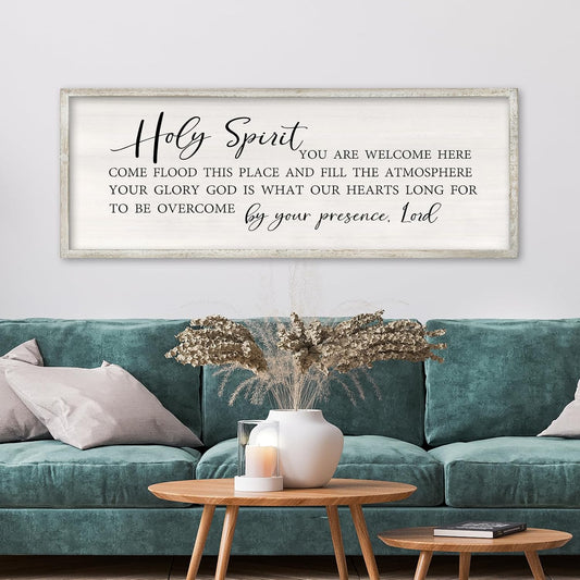 RLWangChao Christian Inspirational Wall Decor Holy Spirit You are Welcome Here Sign 32×12 Inch Bible Verse Plaque Religious Scripture Quote for Living Room Large Wood Framed Wall Hanging (White)