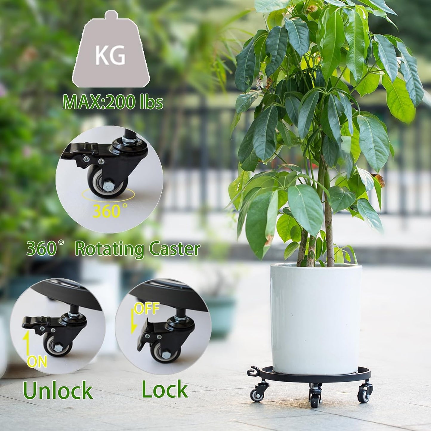 14" Plant Dolly with Wheels - Heavy Duty Rolling Planter Base, Lockable Wheels, Detachable Handle, Ideal for Indoor/Outdoor Use with Large Pots and Easy Transport Solutions