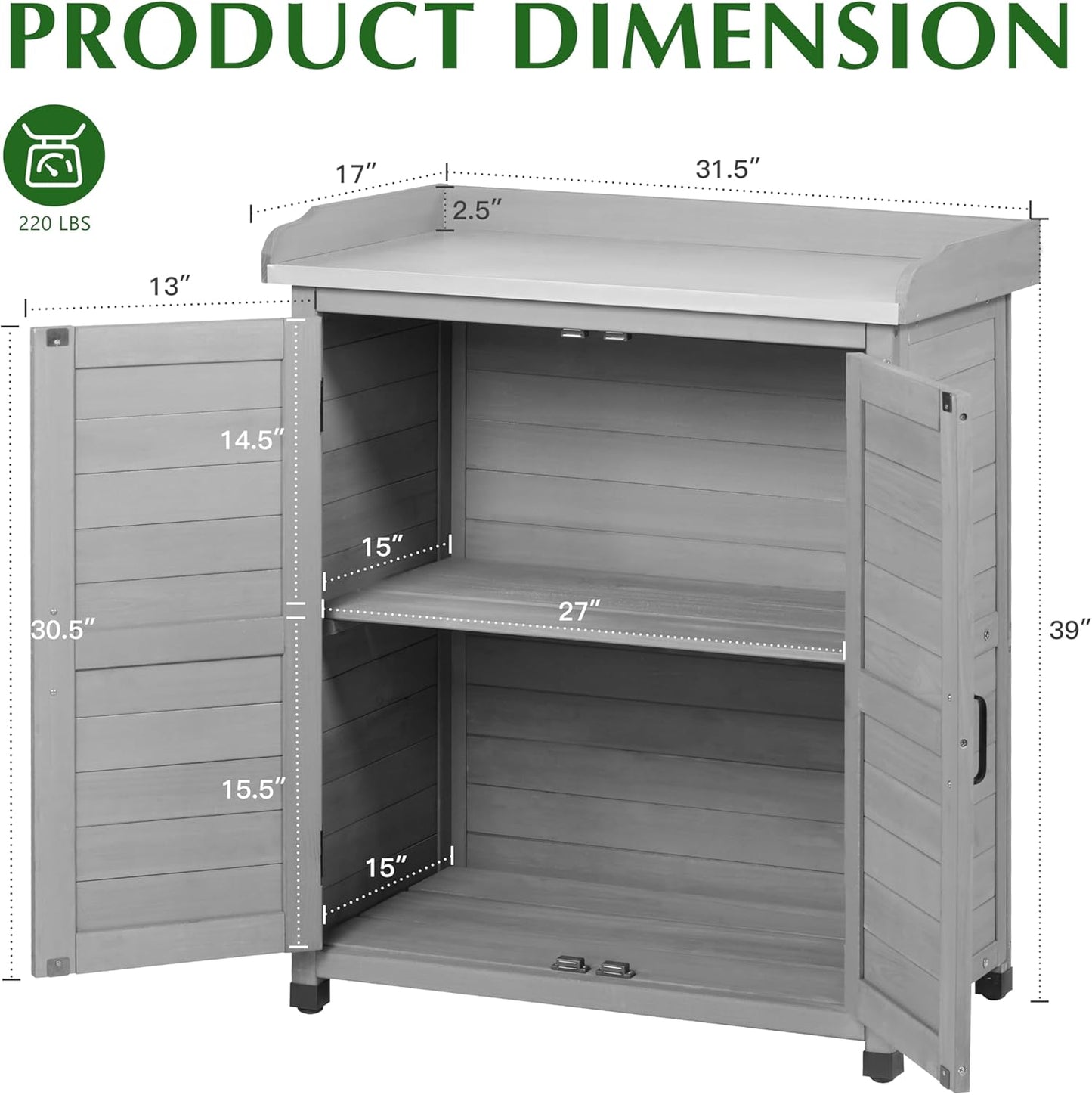 Outdoor Storage Cabinet & Potting Bench Table with Metal Top, Wooden Patio Furniture, Garden Workstation (Classic Grey, 39x31.5x17in)