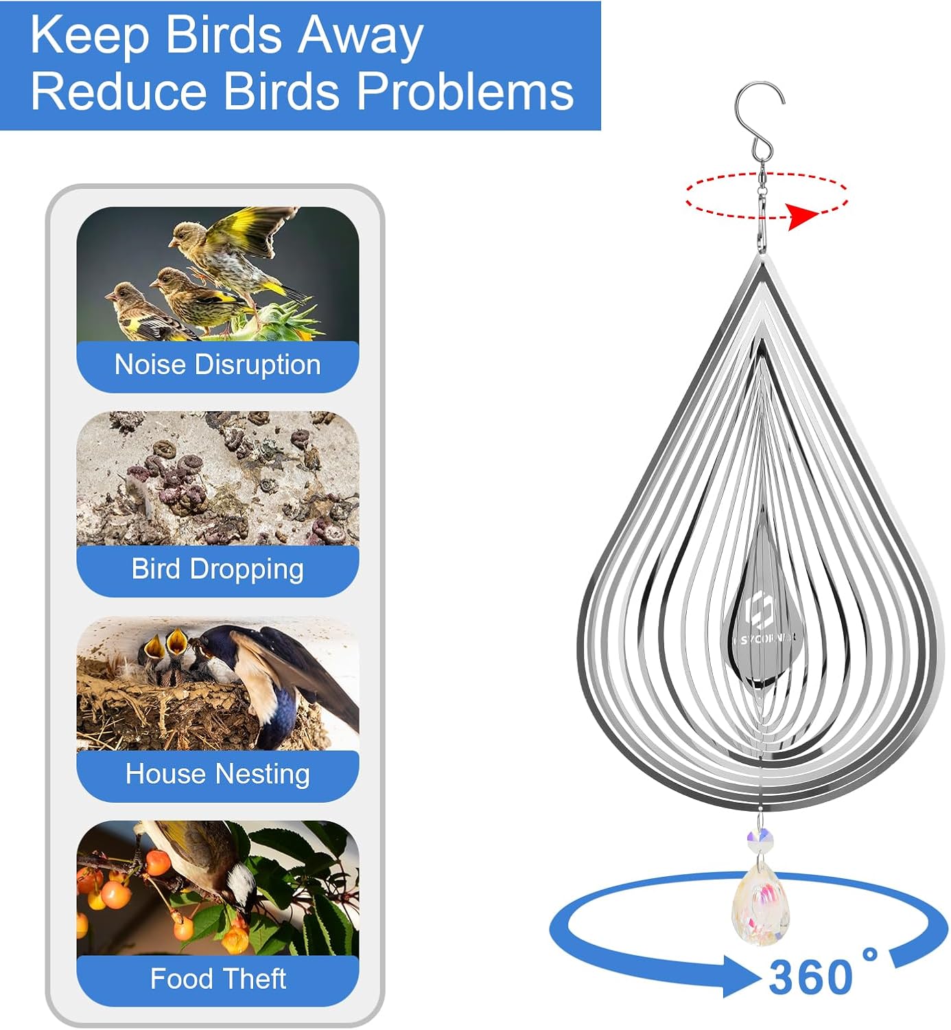 3D Wind Spinners Outdoor Flowing-Light Effect Metal Garden Decor, Highly Reflective Bird Deterrents for Outside, Mirrored Wind Sculptures to Scare Birds Away from Yard Patio Farm (Water-Drop-Silver)