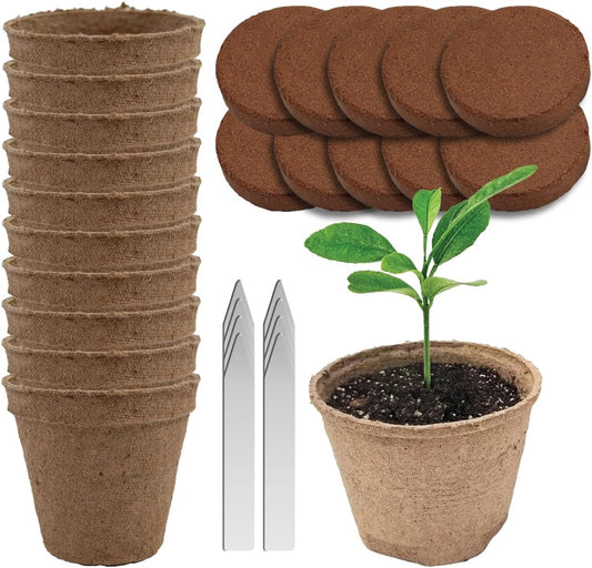 Seedling Starter Kit Germination Grow Cups and Soil (10 Pack) Biodegradable Peat Pots, Coco Coir Soil Discs, Plant Markers - Organic Grow Kit for Seed Germination, Indoor/Outdoor (1)