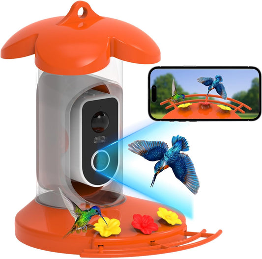 Hummingbird Feeder with Camera for Outdoor - 2K QHD Video, Instant Notifications & AI Bird Species, Ant Moat, Bee Proof, Motion Detection, 2.4G WiFi, Signal Booster, Gift for Bird Lovers OrangeS1