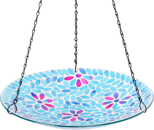 VCUTEKA Hanging Bird Bath, Glass Mosaic Bird Baths for Outdoors Birdfeeder with 21 inch Rust-Proof Chain for Garden Yard Decor, Flower