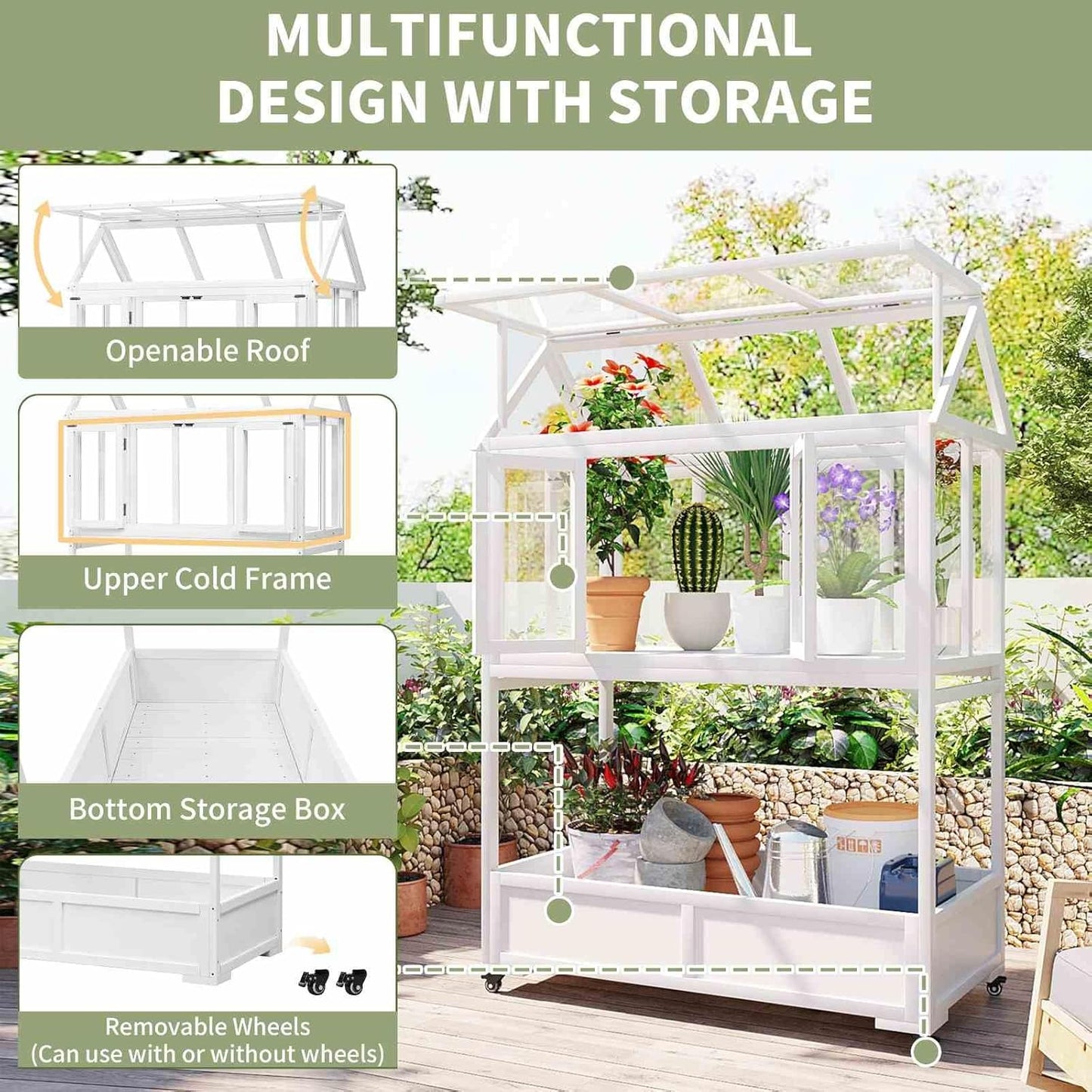 Wooden Cold Frame Greenhouse with Wheels, Portable Fir Garden Plant House with Storage Box, Openable Roof for Seedlings, Herbs, Winter Crops, Perfect for Patio, Balcony, Garden