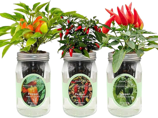 Hydroponic Mason Jar Indoor Garden Organic Seed Starter Kits - Pepper Trio Garden Growing Kits, Gardening Gift (Sweet Nardello Pepper, Jalapeño Early Pepper, Sweet Pickle Pepper)