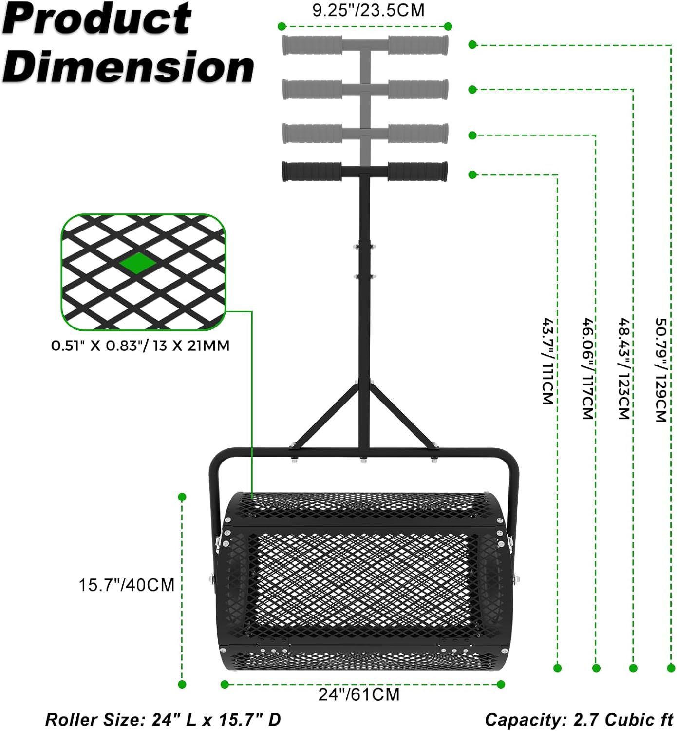 24 Inch Compost Spreader, Lawn and Garden Peat Moss Roller with Side Latches, 24-31.1" Height Adjustable Handle, Metal Mesh Basket for Spreading Topsoil, Manure, Mulch, Black