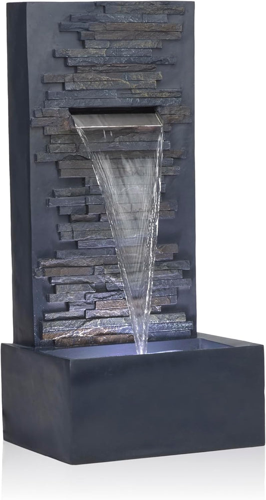 Alpine Corporation 32" Cascading Stone Wall Fountain with LED Lights – Outdoor Water Feature for Garden, Patio, Backyard & Home Decor, Gray