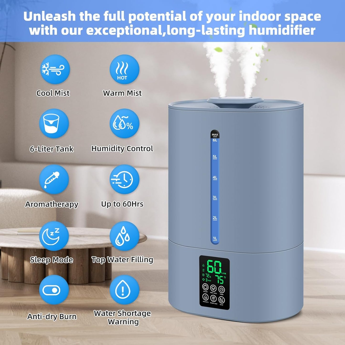 6L Humidifiers for Bedroom Large Room Home, Cool and Warm Humidifiers for Baby and Plants Mist Top Fill Desk Humidifiers Essential Oil Diffuser, Quiet with Adjustable Mist,360°Nozzle-Blue