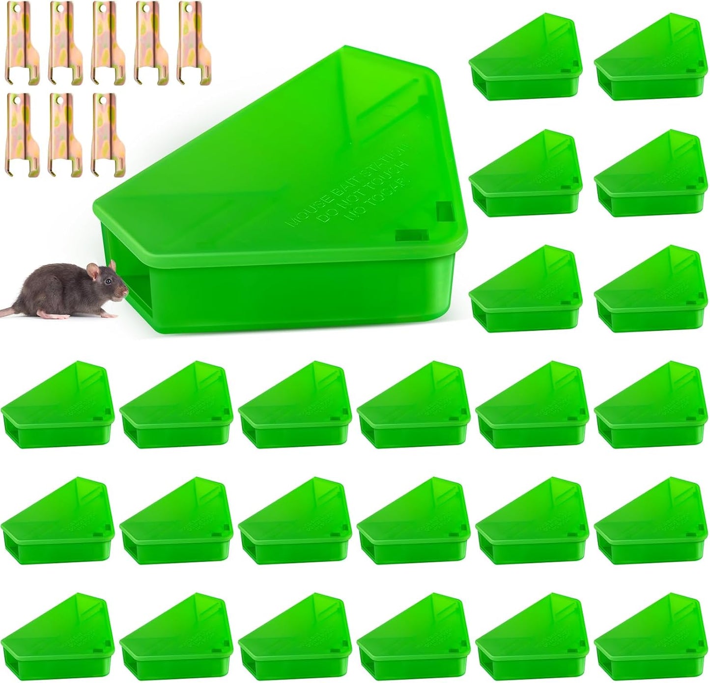 Qualirey 24 Pcs Mice Station with Key Triangle Bait Station Reusable Rodent Trap Bait Box, Keeps Children and Pets Safe Indoor & Outdoor, Bait Not Included, Suitable for Small Mice (Translucent Green)