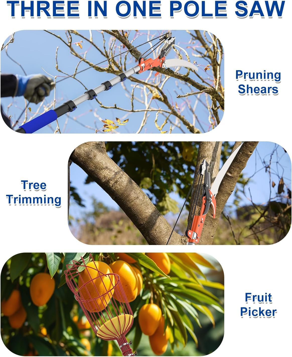26FT Reach Pole Saw, Telescoping Tree Trimmer with 5-20FT Extension Pole, Sharp Steel Blade and Scissors, Fruit Picker, Extendable Long Handle Tree Pruner for Yard Garden Trees Palms Shrubs