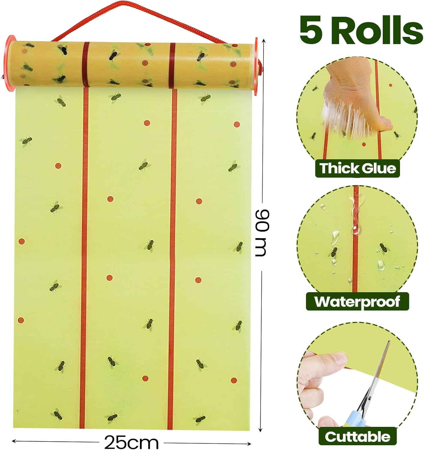 Qualirey Giant Sticky Fly Traps,30 Feet Fly Strips for Indoor Outdoor Hanging Flying Tapes Non Toxic Ribbon Fruit Gnat Killer for Mosquito Plants House Horse Stable (Fluorescent Green,5 Pcs)