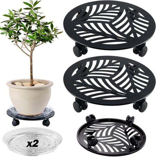 2 Packs Large Metal Plant Caddy with PU Wheels 13.6" Heavy-duty Wrought Iron Rolling Plant Stands Indoor Outdoor Wheeled Plant Dolly Planter Mover Rollers Plant, Leaf Style