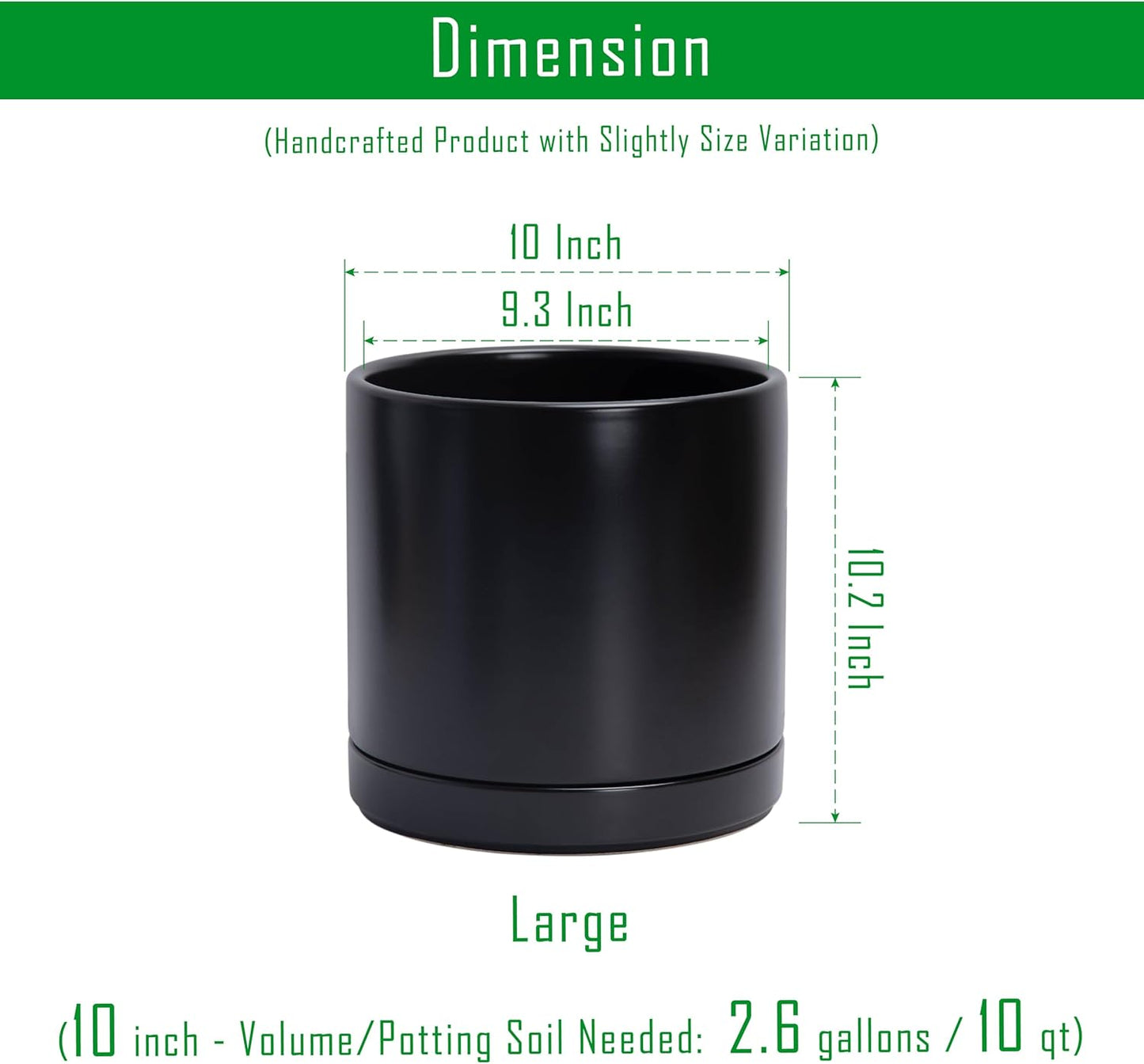 D'vine Dev 10 Inch Ceramic Planter Pot with Drainage Hole and Saucer, Indoor Cylinder Round Planter Pot, Black, 94-O-E-2