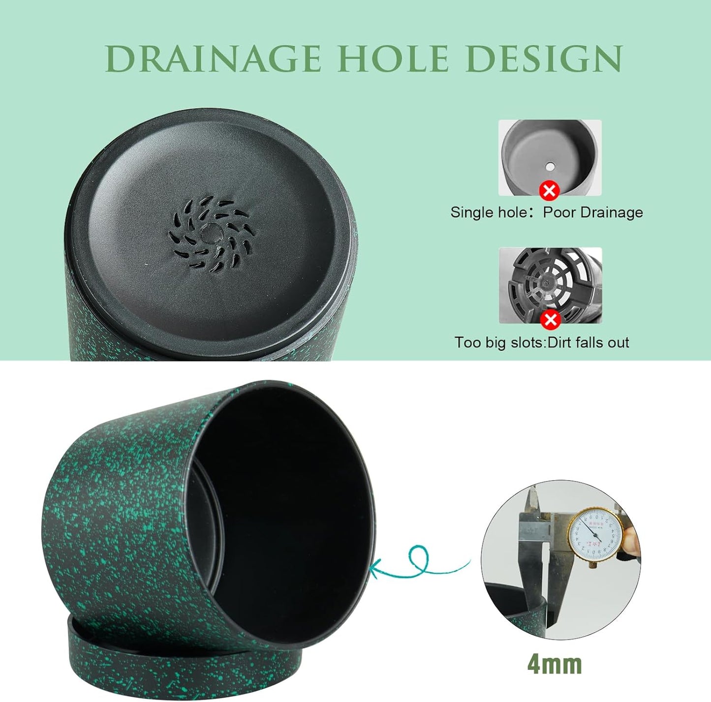 6/5/4 inch Plant Pots, 3 Pack Cylinder Flower Pots for Small Indoor Outdoor Plants, Plastic Planters with Drainage Holes and Saucers for Garden Succulent Plants, Black with Green Speckles