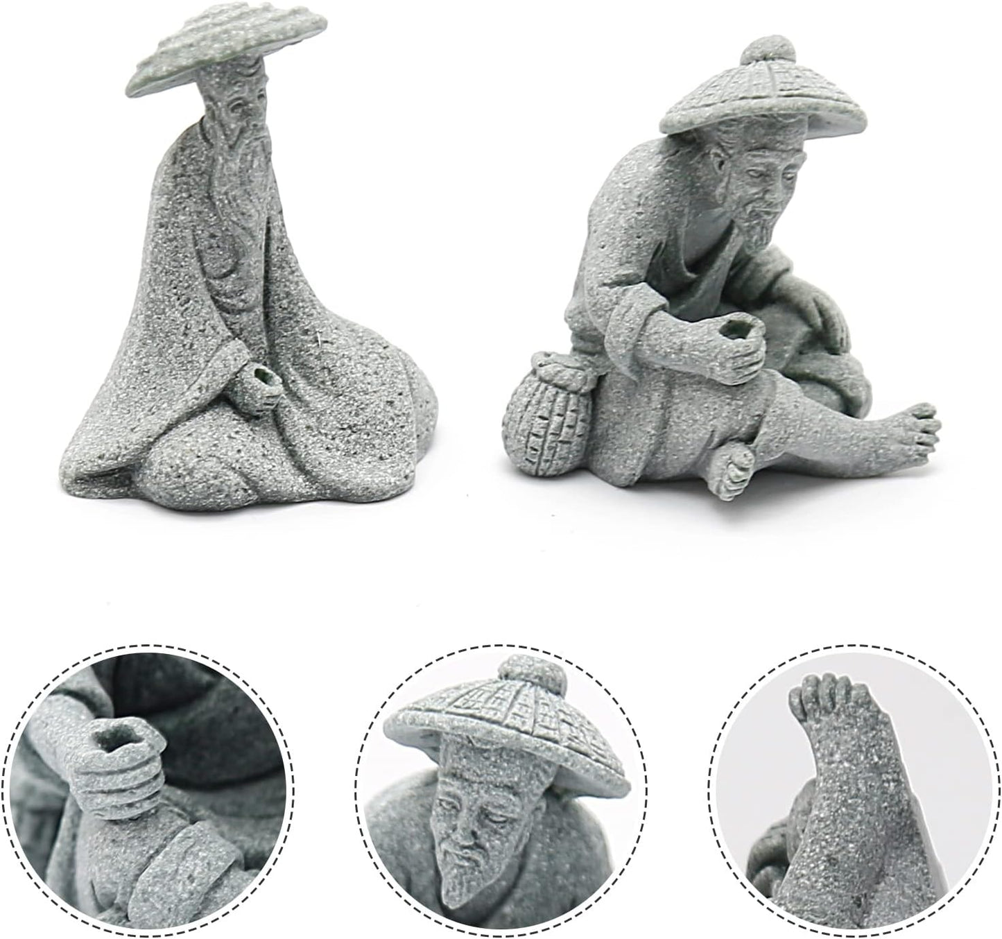 2PCS Mini Sitting Fishing Figurines Sandstone Vintage Ornament Japanese Decor for Fish Tank Pot Garden Home Aquarium Mini Fisherman Statue Asian Zen Decorations
