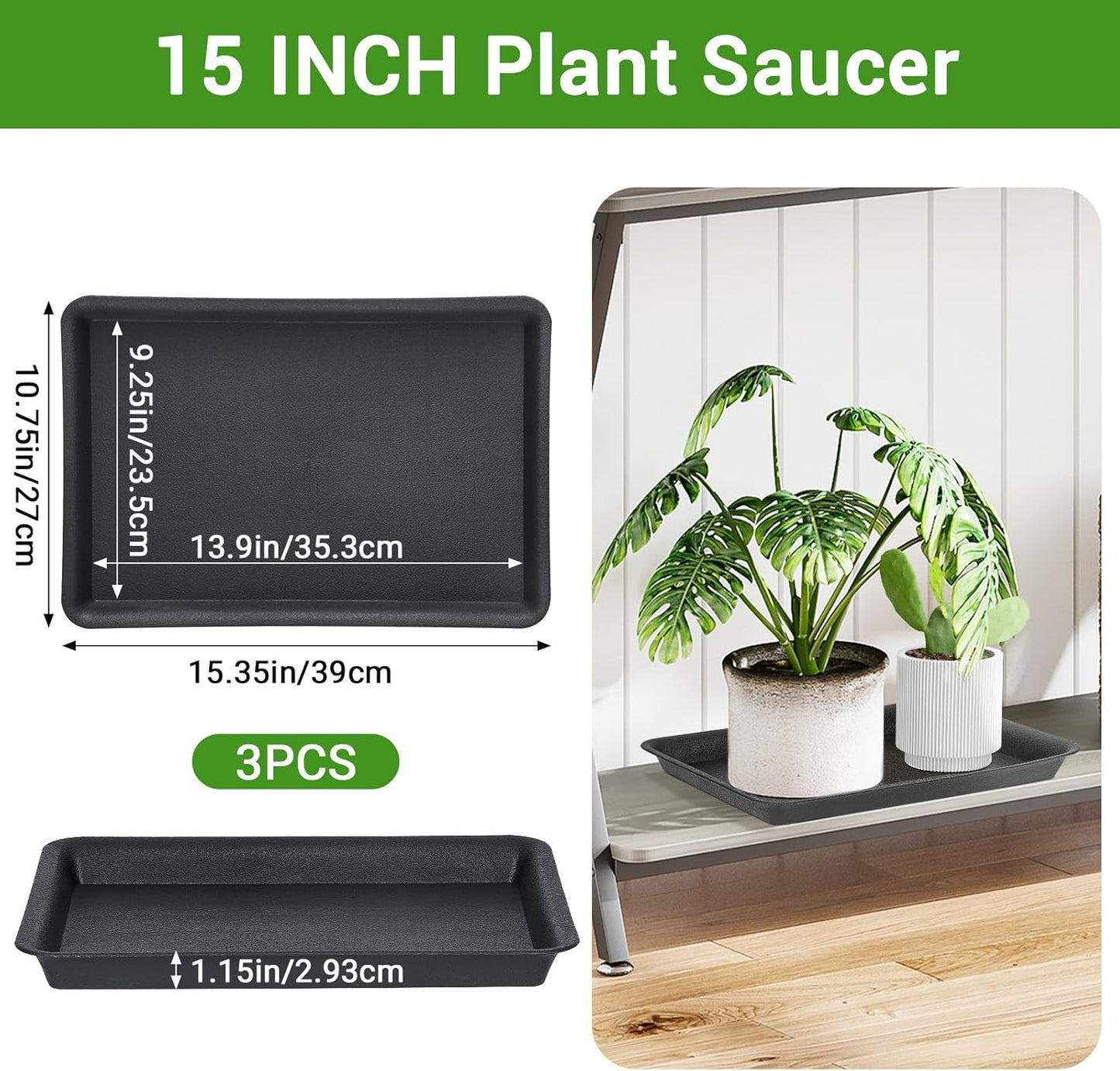 GREANER 3 Packs Plant Saucers Rectangular, 15x11x1.2Inch Heavy Plastic Plant Saucer Drip Tray, Flower Pot Tray for Indoors Outdoor Plant Pots, Thick Drip Tray for Garden Potted Water Drips and Soil