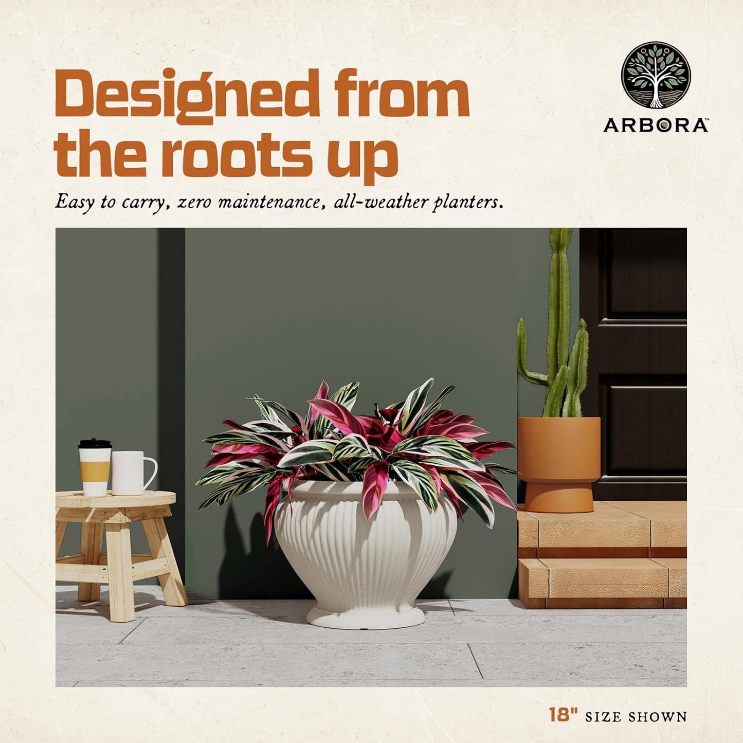 ARBORA 18" Cannes Urn Polyresin Indoor and Outdoor Planter with Classic Cream Finish - Durable, Weatherproof, Lightweight, Large Plant Pot for Patio, Garden, Deck, Entryway