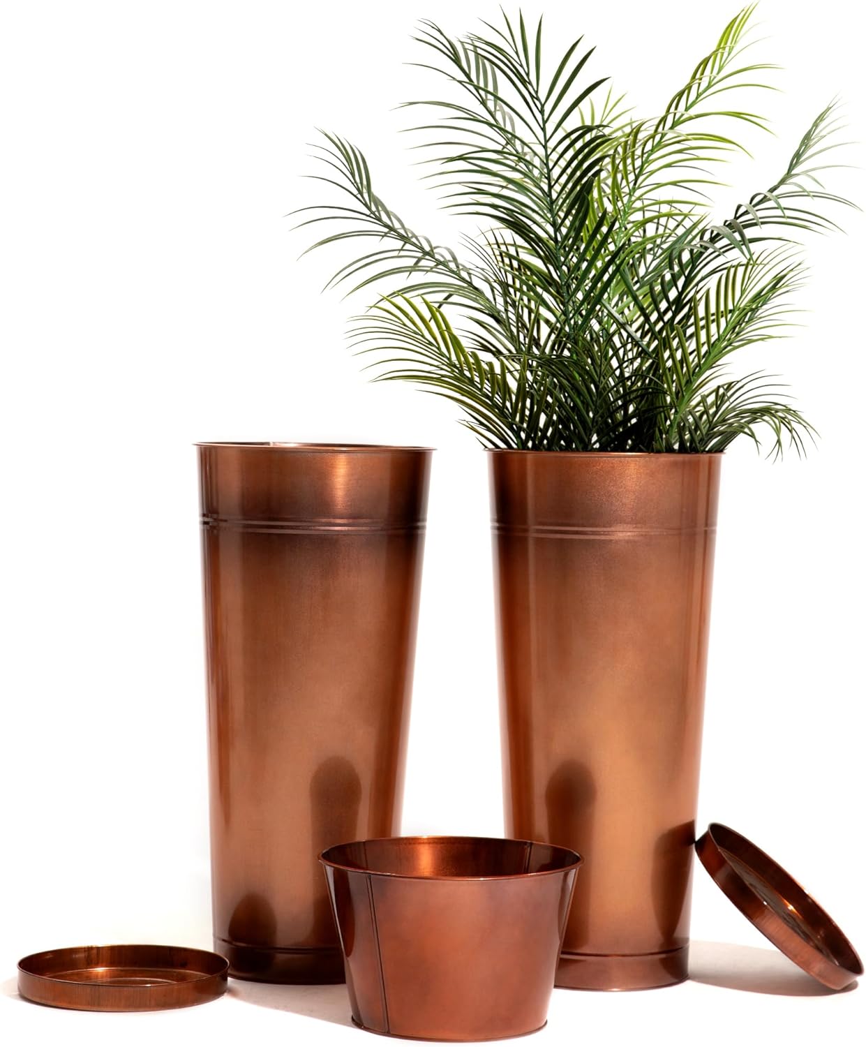 28in Tall Copper Planters Set of 2,Galvanized Steel Tall Outdoor Planter for porches/Indoor/terraces Patio- Copper Color(2planters,2inner pots with Holes, 2trays)