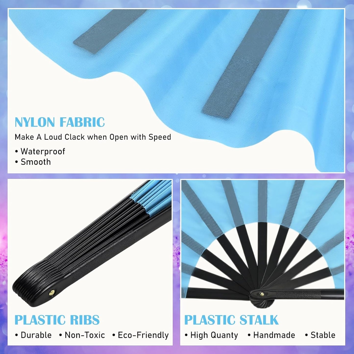 Maitys 2 Packs Large Clap Fans for Line Dancing Large Chinese Folding Hand Fans for Men and Women, Festival, Tai Ji, Kungfu, Martial Art, Gifts (Purple and Light Blue)